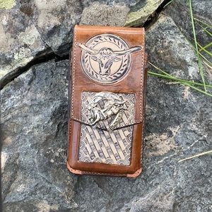 Leather Cell Phone Holder Bull Riding Rodeo